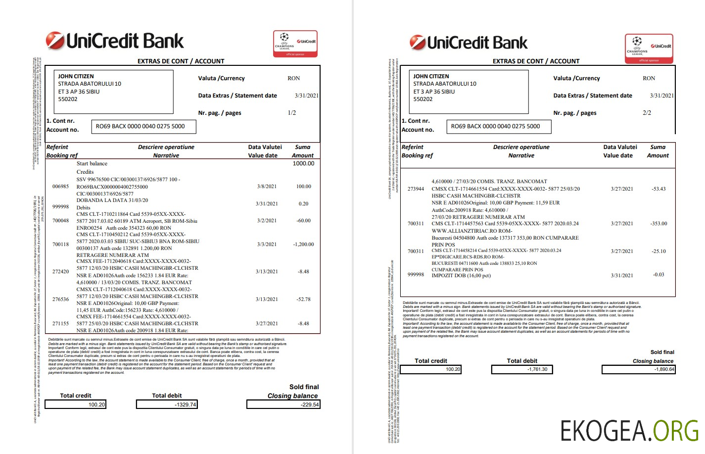 Roumanie UniCredit Bank 2 pages excel pdf